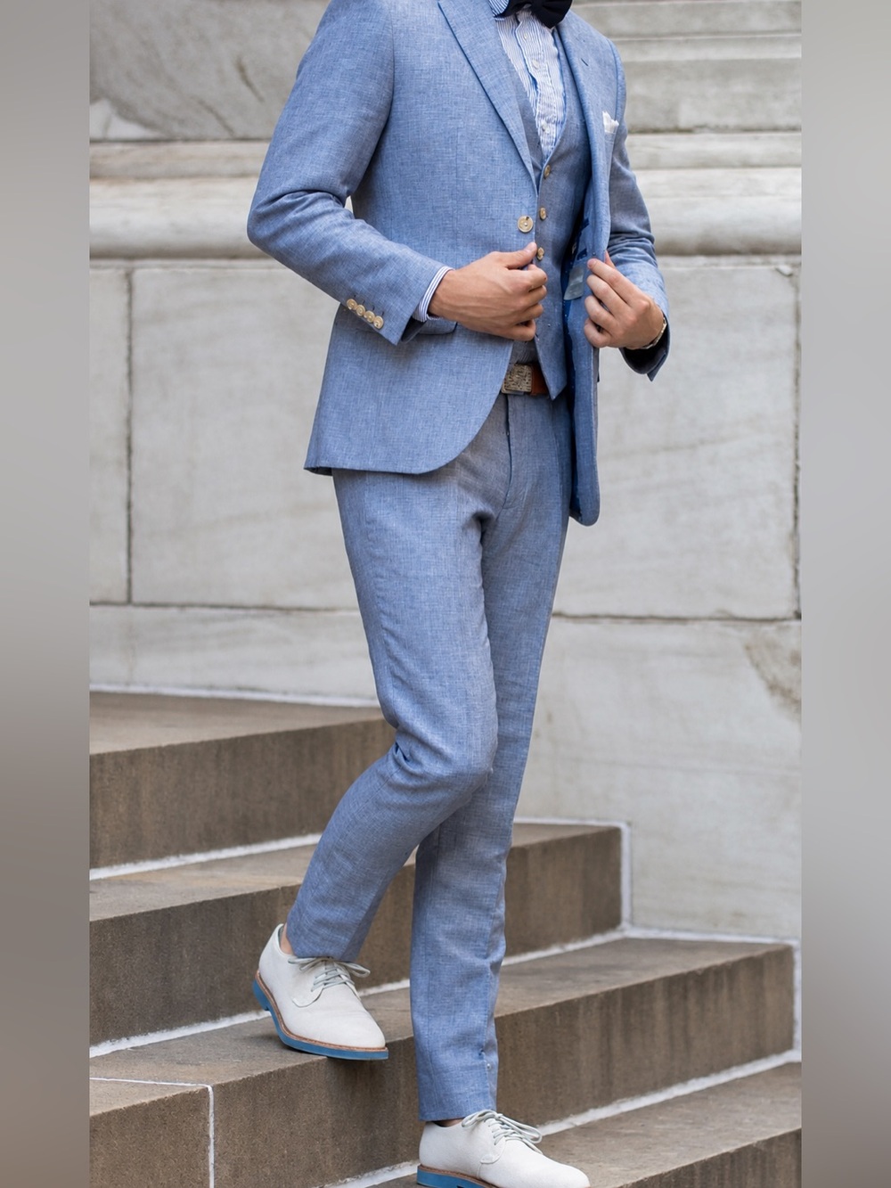 Light Blue Men's Linen Blend Suit Jacket & Trousers